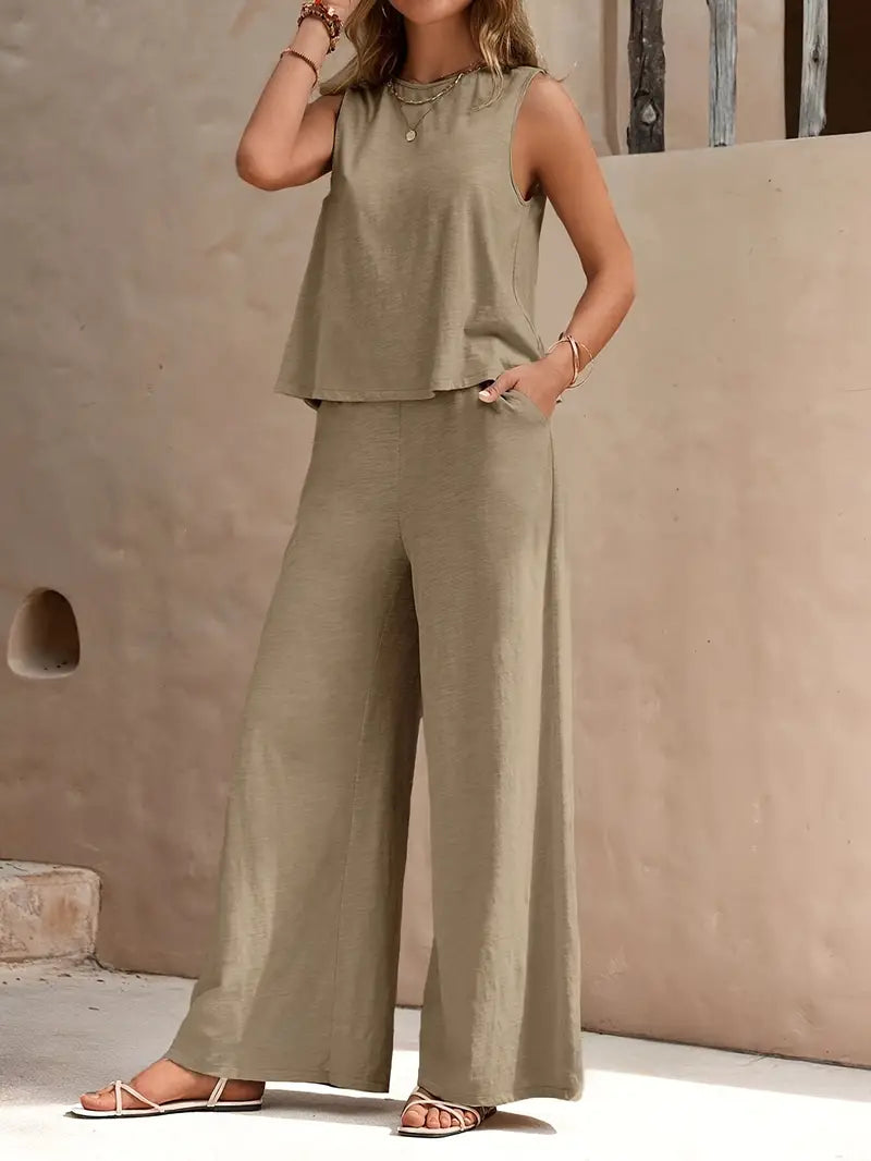 Seila™ | Ensemble deux pièces élégant, débardeur sans manches et pantalon ample à jambes larges